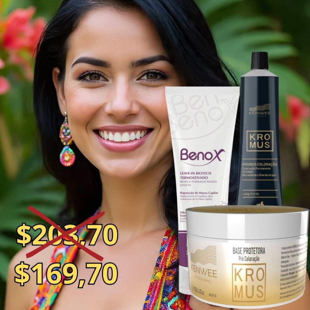Kit com Coloração Cor Preta, Base Progetora para a Pele, Leave In Termoativado Benox Pós-Coloração Kenwee