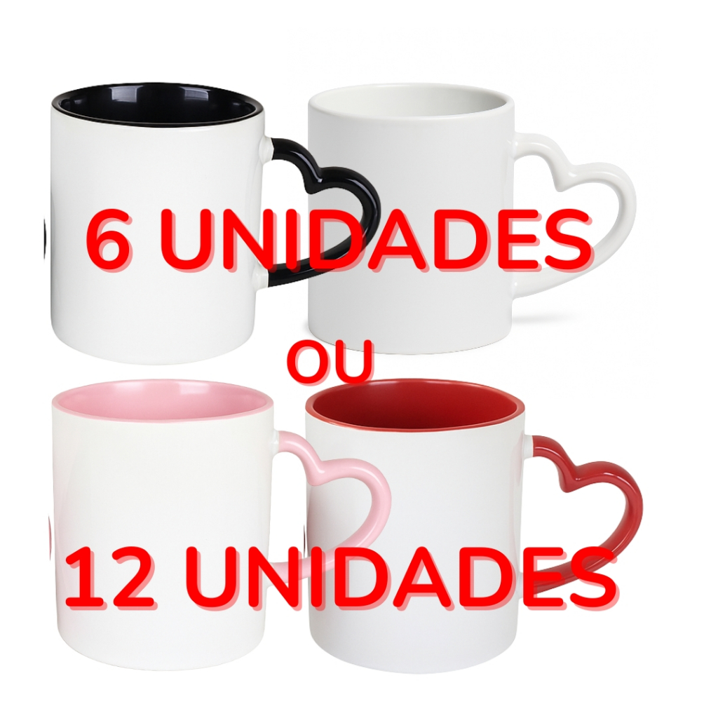 06 ou 12 Canecas Alça De Coração Colorida Porcelana Para Sublimação em Oferta na Shopee