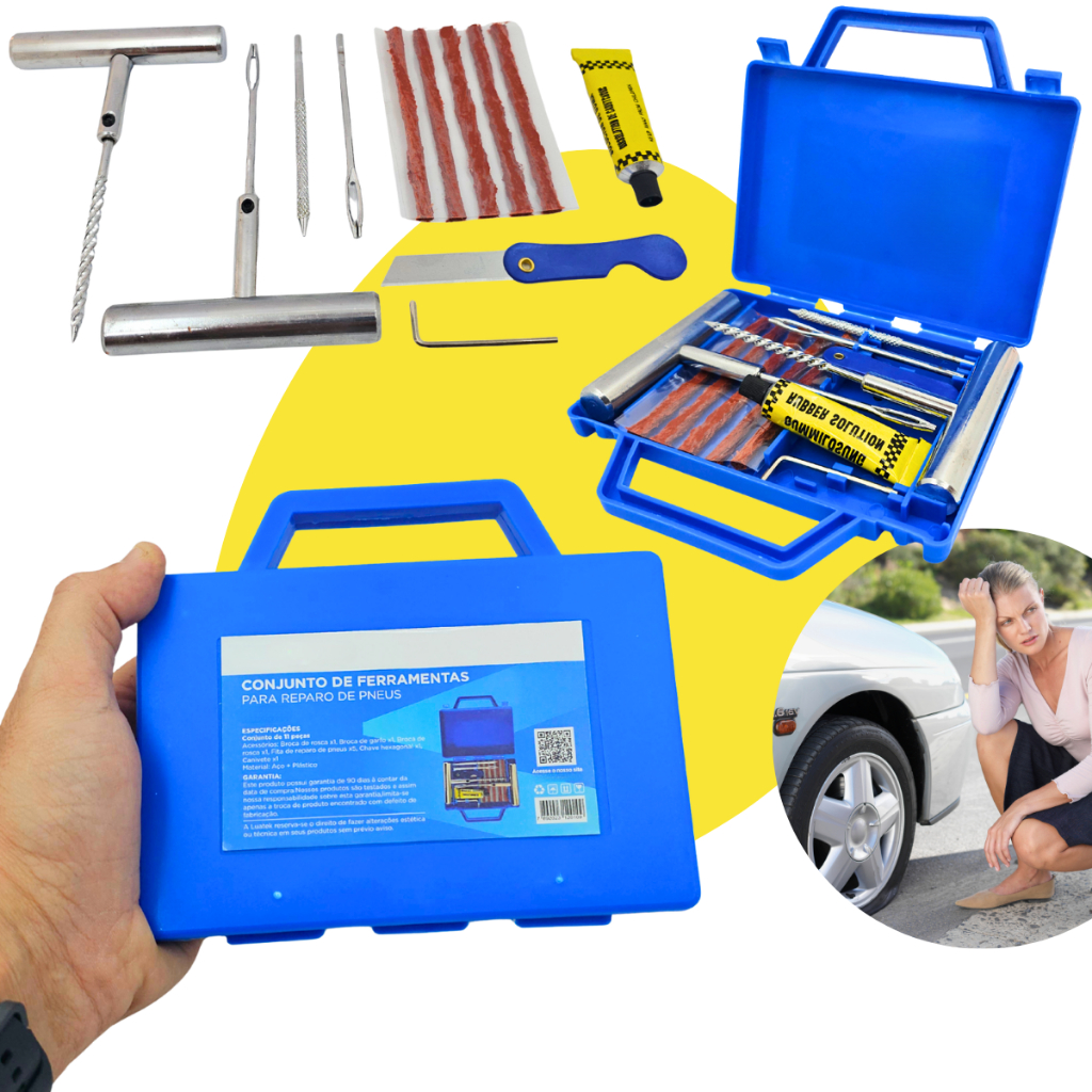 Kit Remendo Macarrão Reparo Conserto Furo Remendo Pneu Carro Moto Sem câmara Metal 12pçs + Maleta em Oferta na Shopee