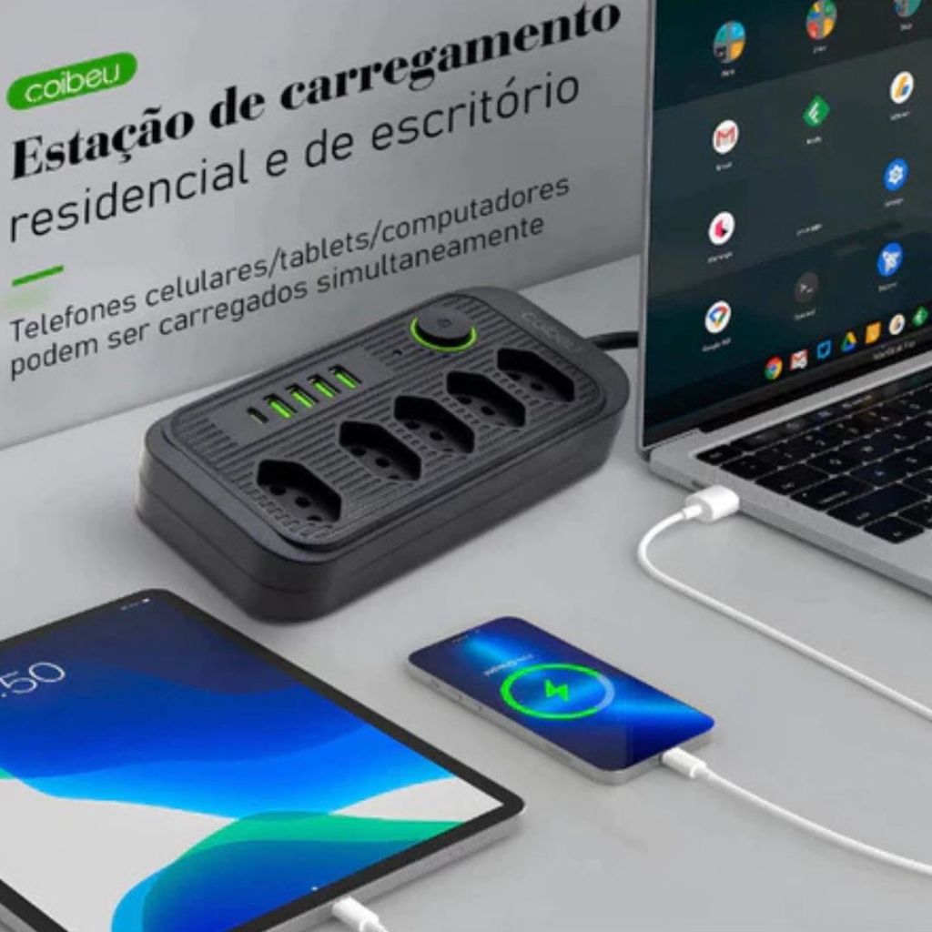 Extensão 5 Tomadas 4 USB 1 Type-C Universal Bivolt Power 110v/220v 2m WKC-541 COIBEU.XHL_HOME