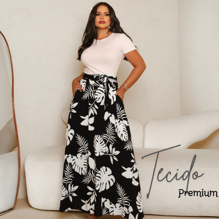 Saia Longa Social Godê Feminina Rodada Lisa com Laço e Bolsos Elegante Confortável Moda Evangélica