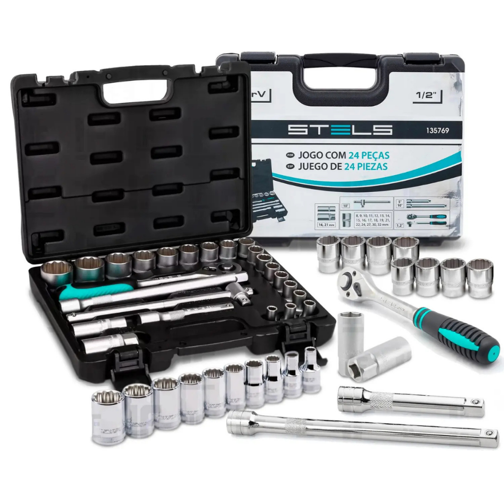 Jogo de Soquetes Encaixe 1/2 Pol Stels 24 Peças com Maleta Aço Cromo-Vanádio em Oferta na Shopee