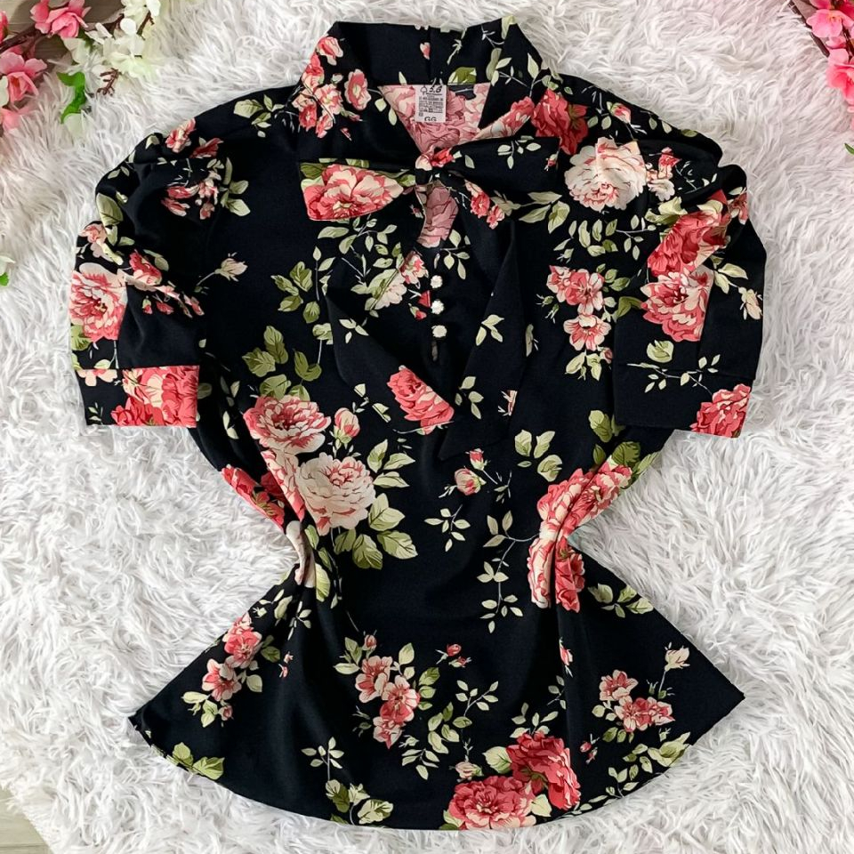 Blusa Feminina Manga Curta Bufante Com Laçinho e Botão Cód.012