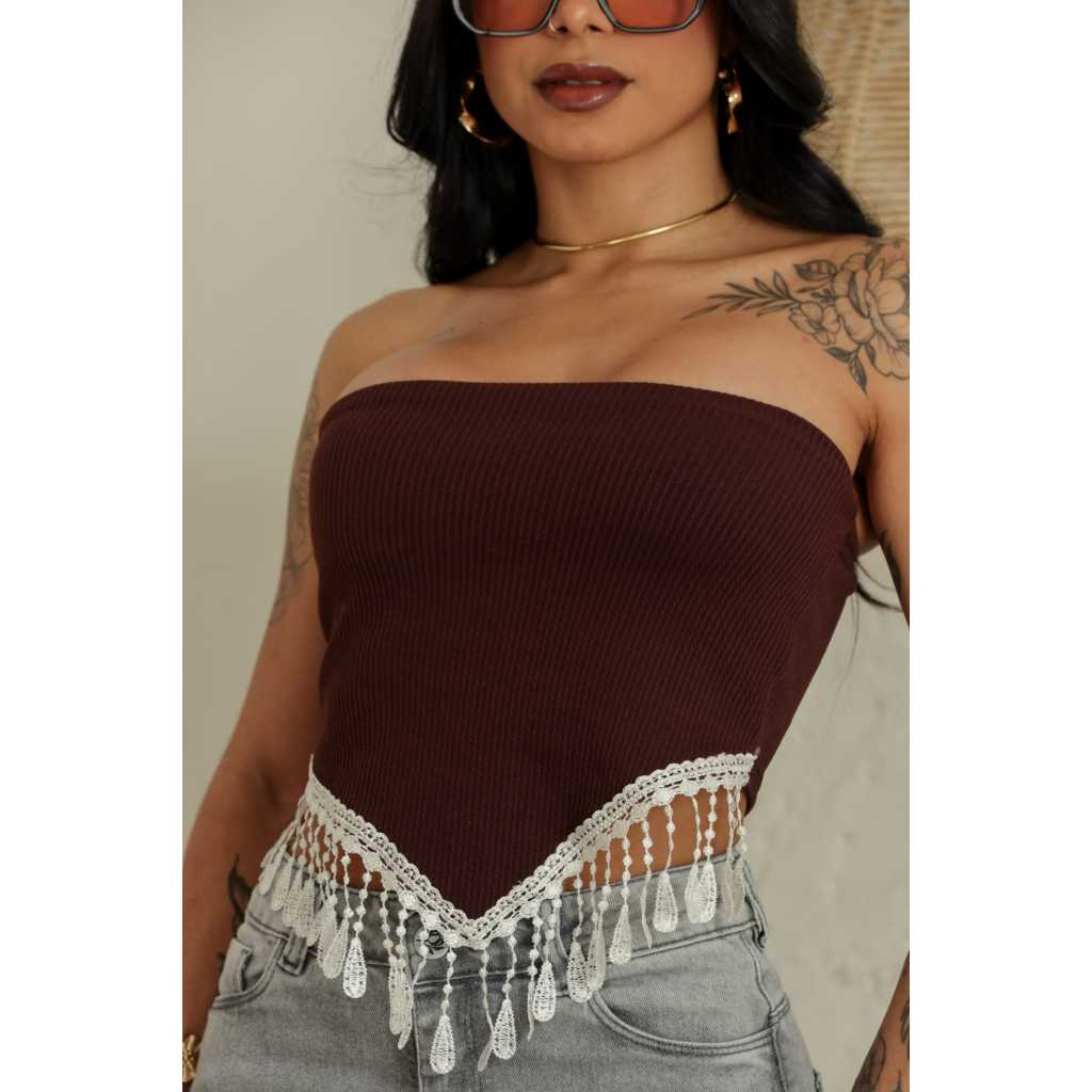Blusa Cropped Tube Top Feminino Tomara Que Caia Com Renda de Franja Moda Blogueira Gringa em Oferta na Shopee
