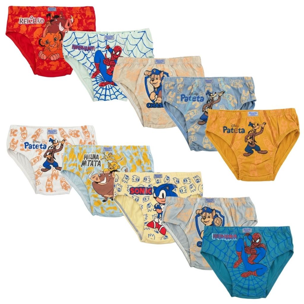 Kit 10 Cuecas Bebê Infantil Personagens 100% Algodão Elastano P á GG de 1 a 10 Anos - Cueca Menino
