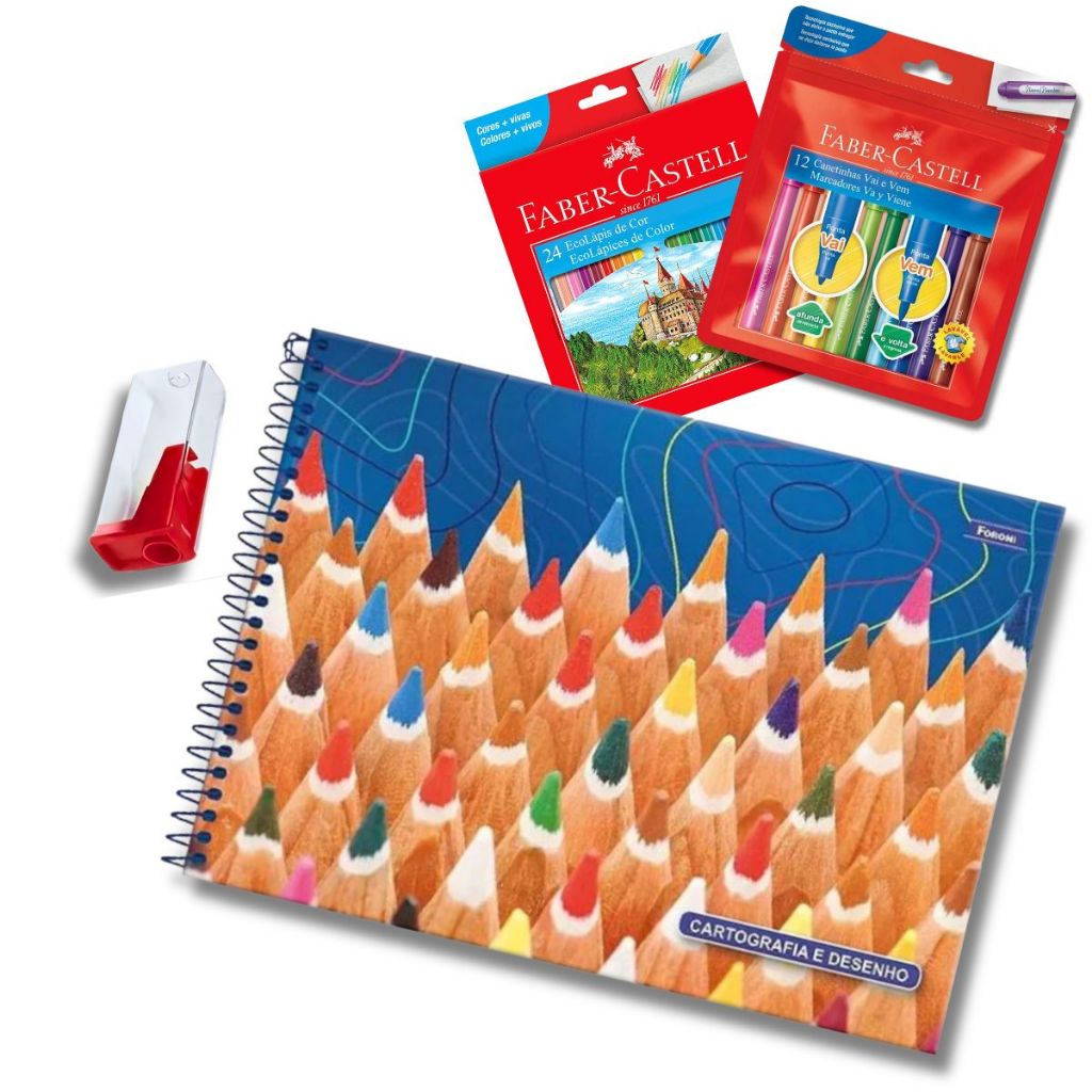 CADERNO CARTOGRAFIA CAPA DURA FORONI + CANETINHA VAI E VEM 12  + LAPIS DE 24 CORES FABER+ APONTADOR