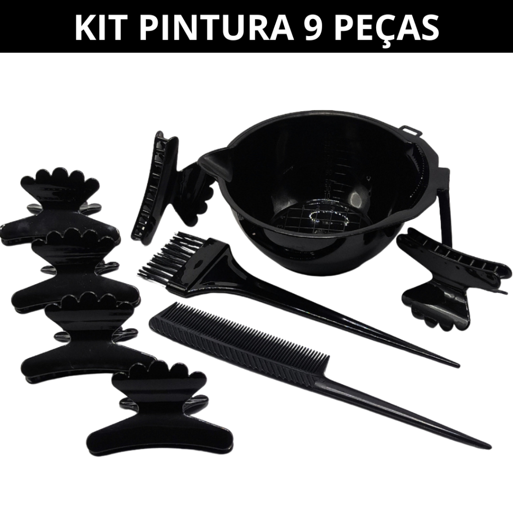 Kit Pintura 9 Peças – Cumbuca + 6 Piranha Sorriso + Pincel + Pente Fino Tintura & Hidratação Capilar