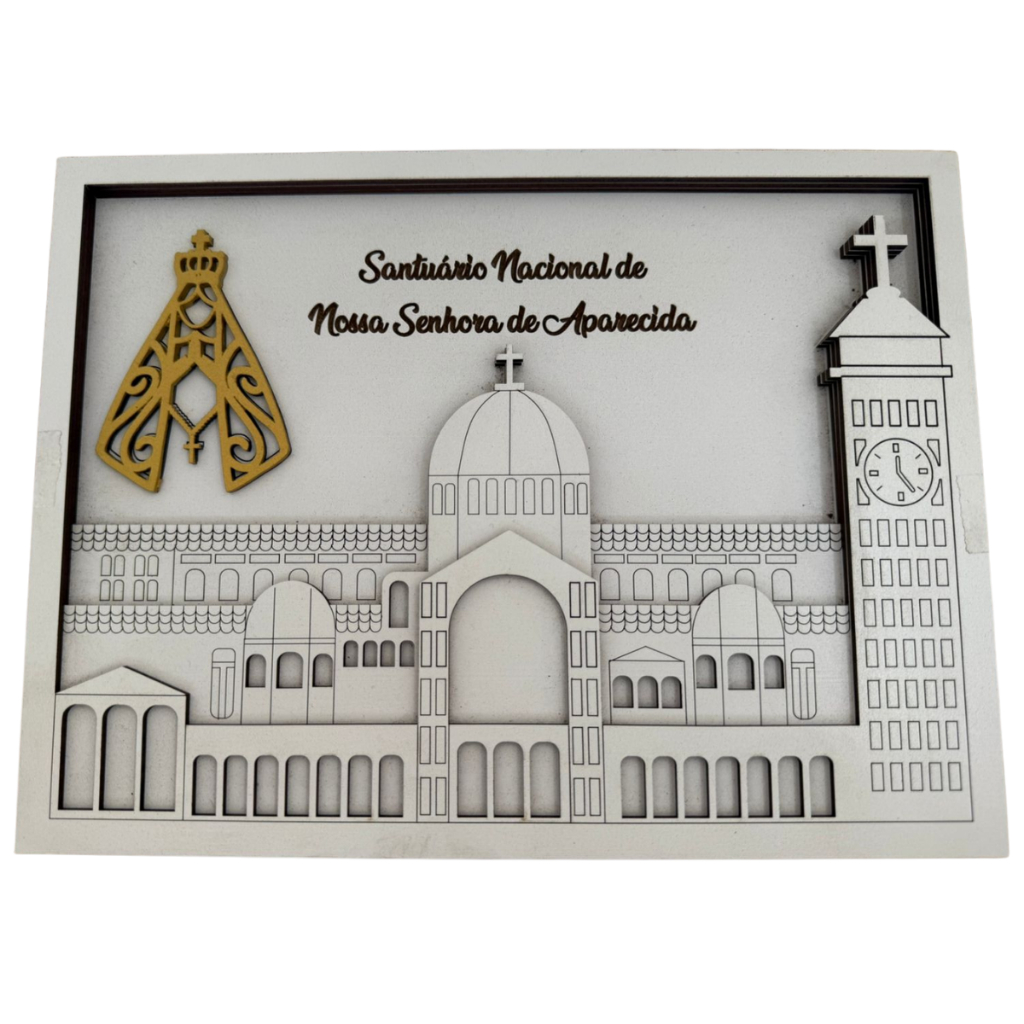 Quadro Católico 3D Santuário Nossa Senhora Aparecida Religioso Em MDF Branco Premium Decorativo