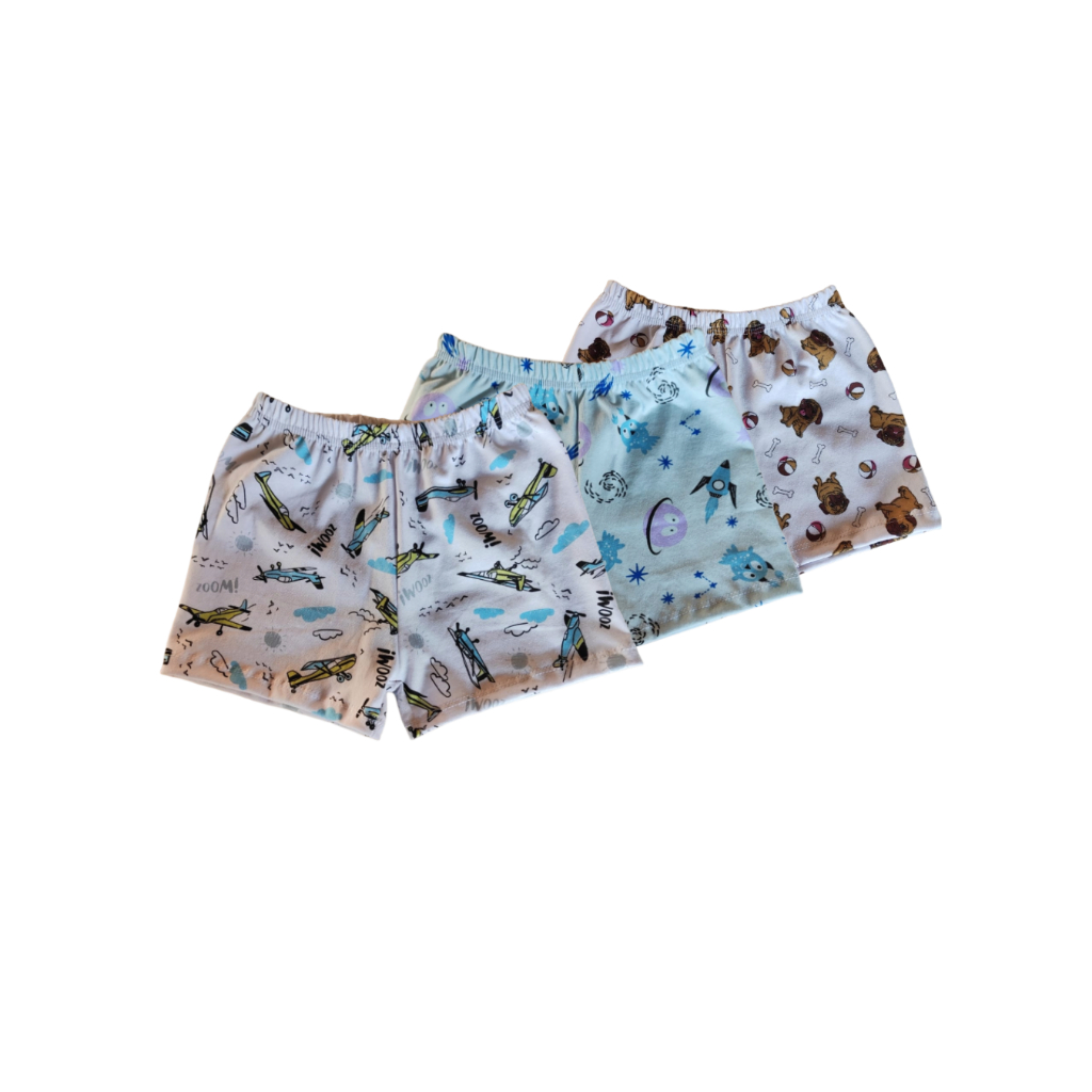 Kit com 3 shorts de pijama infantil masculino 100% algodão estampado com elástico reforçado