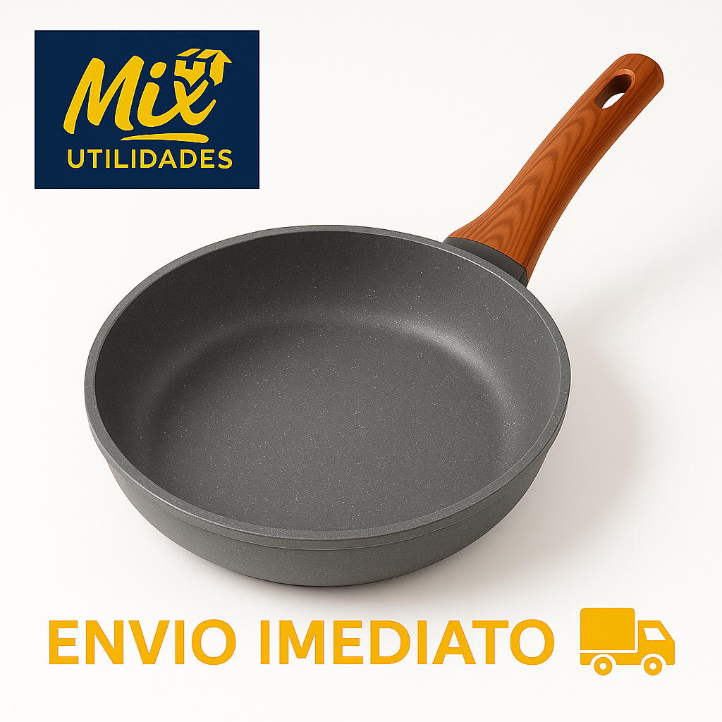 Frigideira Antiaderente de Alumínio Revestimento Cerâmico 24cm Funda Cabo Madeira/Preto Nã...