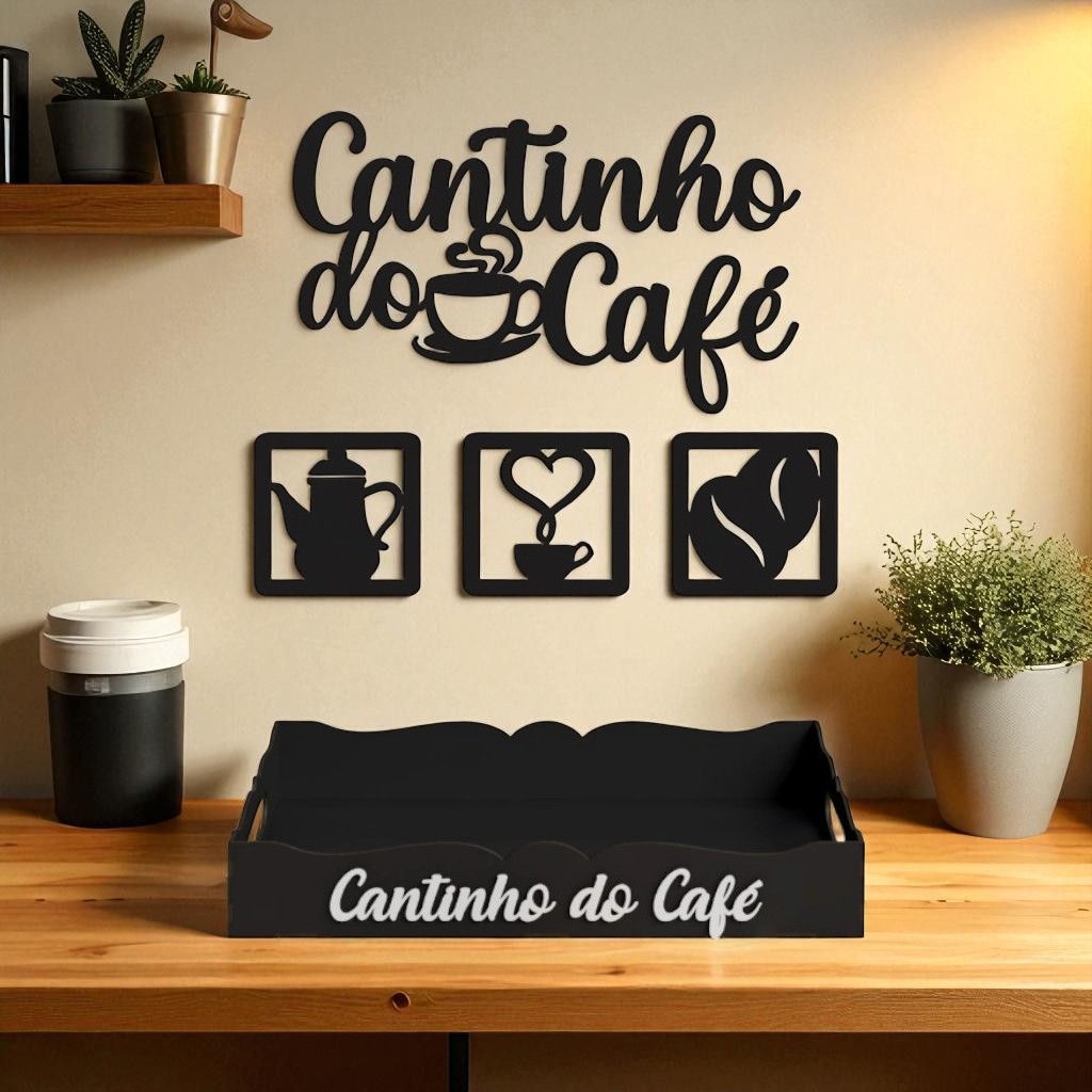Kit Bandeja Cantinho do Café + Quadros 5 Peças MDF - Quadro Placa Decorativo Combo Aplique Parede