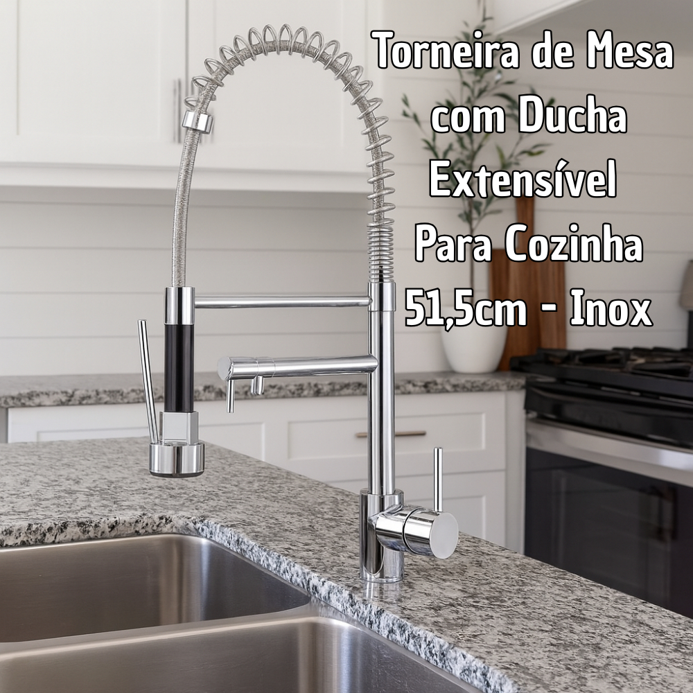 Torneira Gourmet Flexível Inox Mesa Cozinha/Ducha Extensível Duas Saídas Água 360° Aerador Econômico