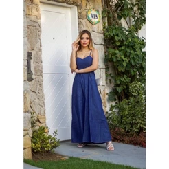 Vestido Jeans Longo Feminina Com Alças Fina Reguláveis