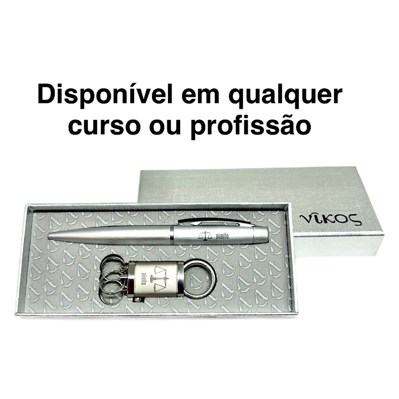 Kit Caneta e Chaveiro Metálicos Personalizado c/ Estojo Duplex Prata Presente Formatura / Profissões + NOME em Oferta na Shopee