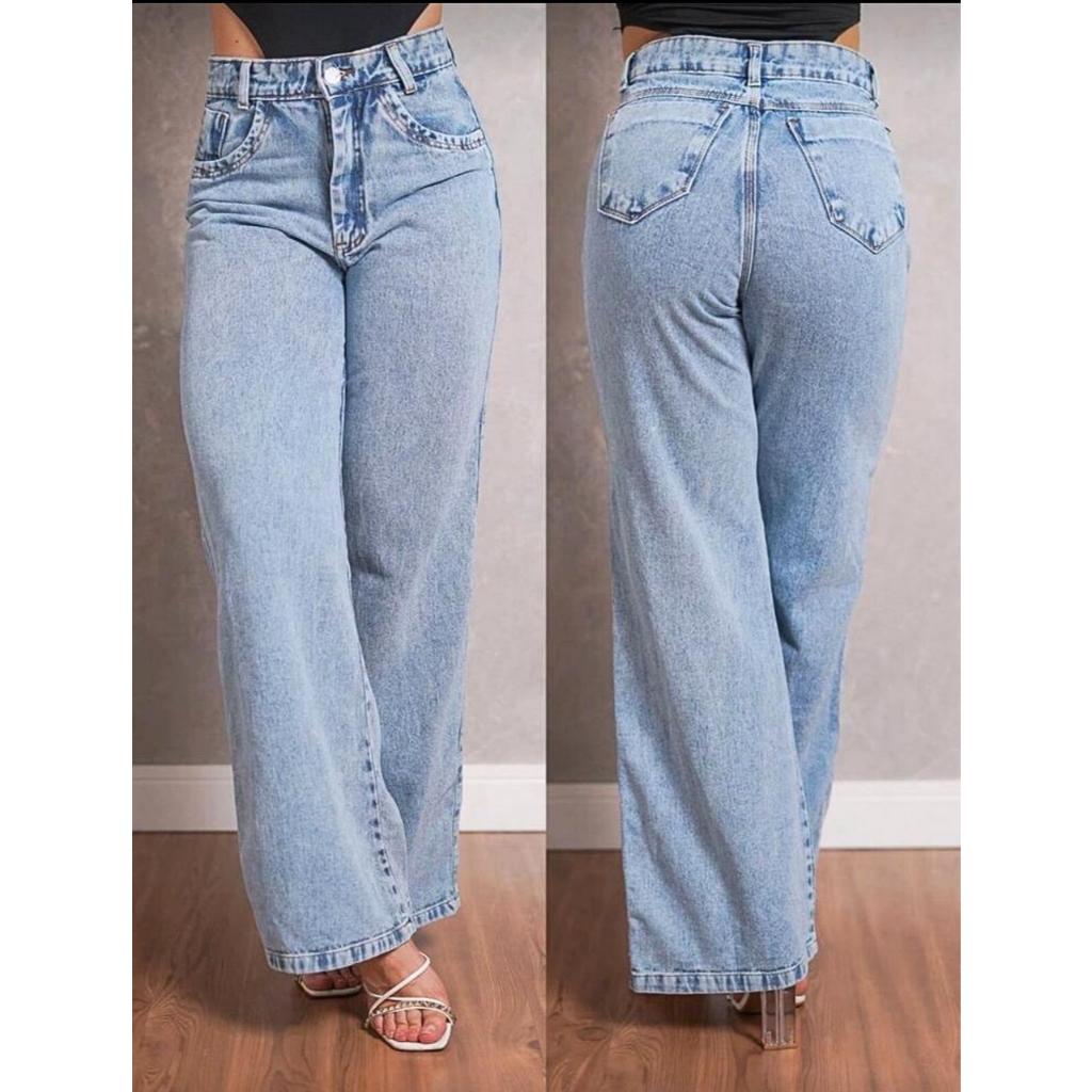Calça Jeans Feminina Wide Leg Marmorizada Pantalona Cintura Alta Tecido Grosso Elegante Confortável