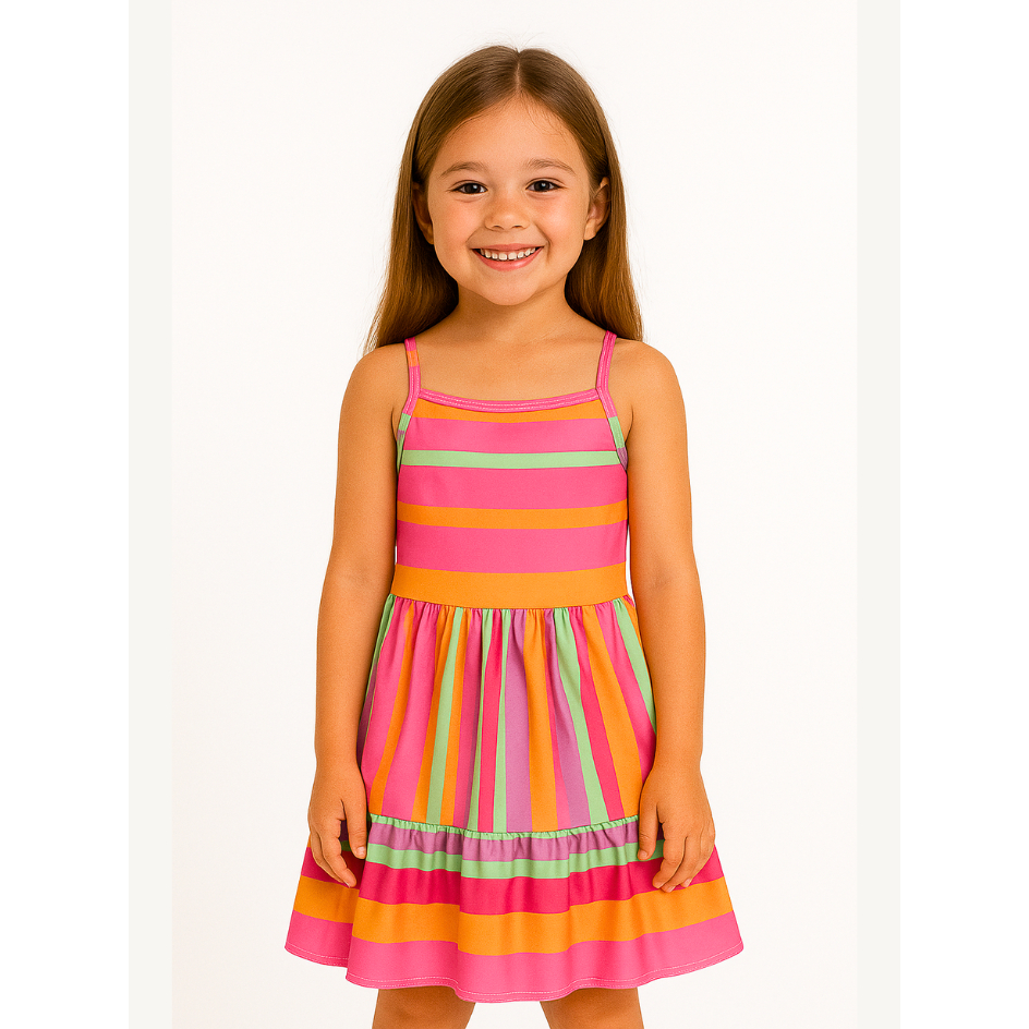 Vestido Crepe Estampa Listras Infantil Juvenil Menina Verão Boho