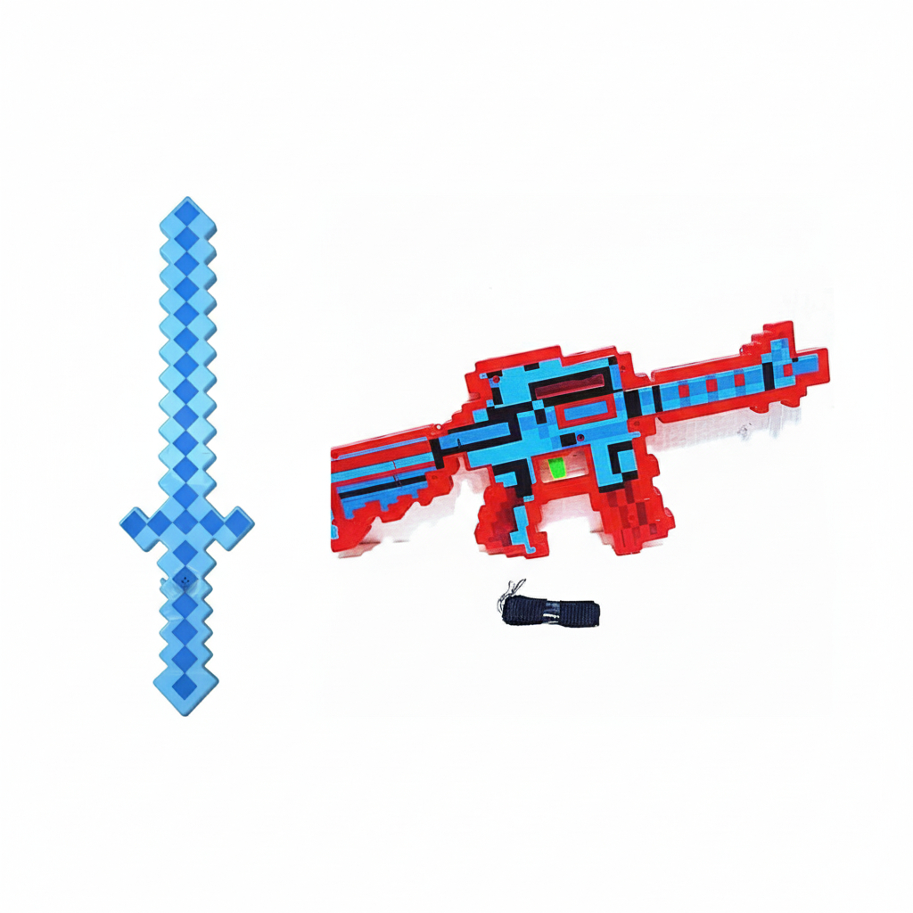 Espada de brinquedo e Metralhadora Minecraft Azul Diamante Com Som E Luz