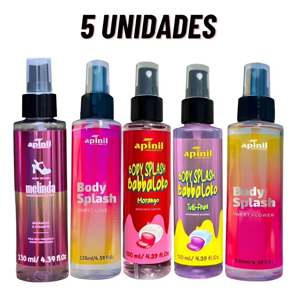Kit 5 Colônia Body Splash Babbaloko Sweet Love, Melinda, Morango, Tuti Fruitt, Sweet Flower 130ml - Apinil
