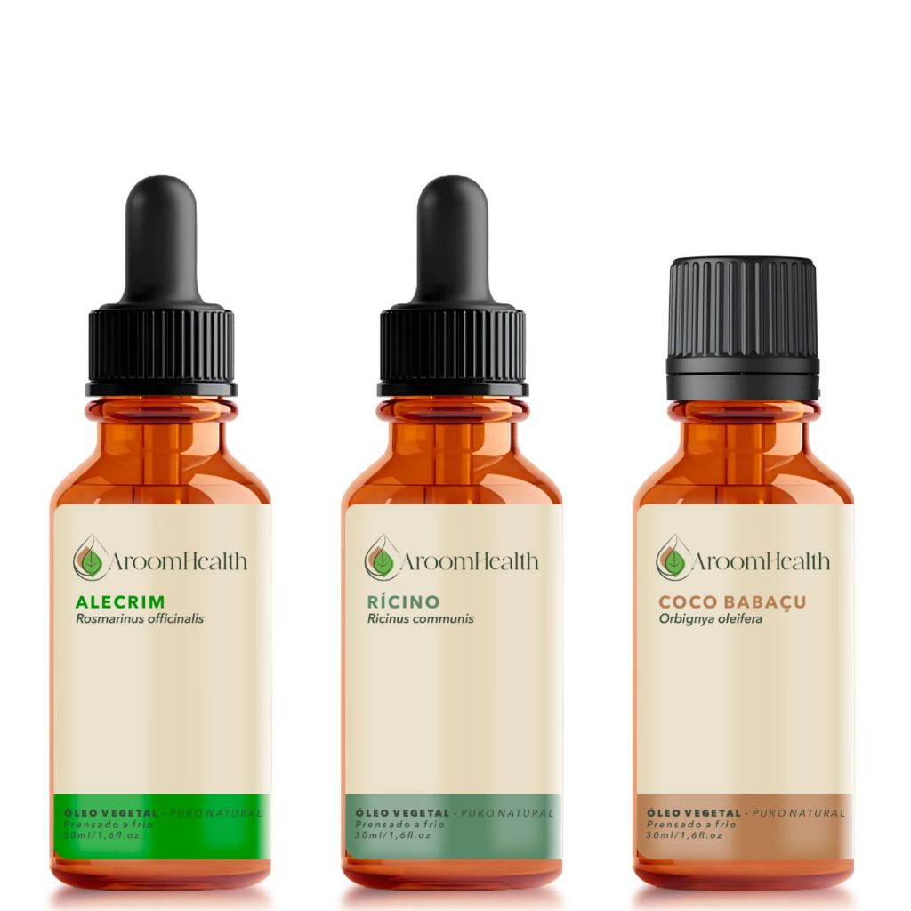 Kit de óleos vegetais puros de Alecrim, Coco babaçu  e Rícino 30 ml cada em Oferta na Shopee