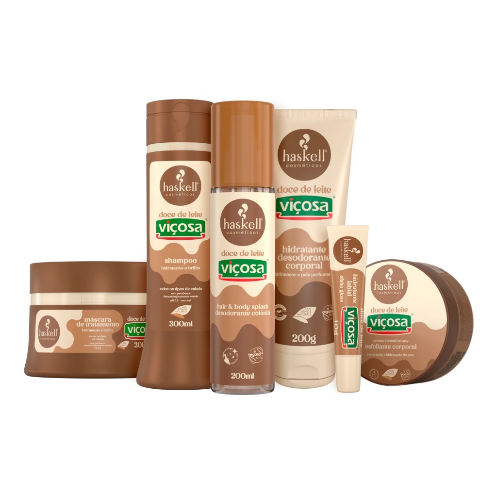 Kit Shampoo, Mascara, Hidratante, Esfoliante, Body Splash e Hidratante Labial Doce de Leite Haskell