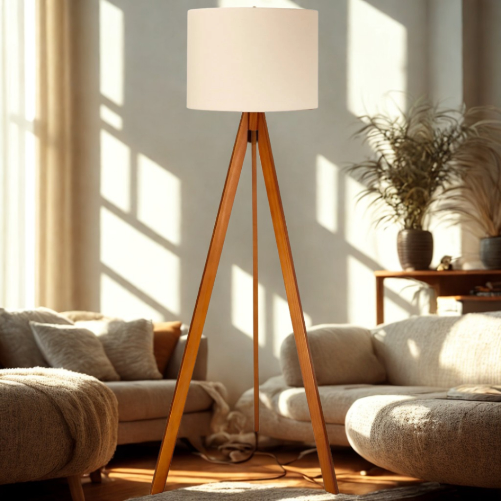 Abajur De Chão Tripé 1,50 Cm Completo Com Cúpula E Fiação Luminária De Piso Para Sala, Quarto, Cupula Cor Algodão