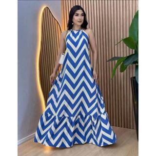 Vestido  Feminino Longo Estampa Zig Zag Costas Nuas Com BoJo Tendência 2026 Verão em Oferta na Shopee