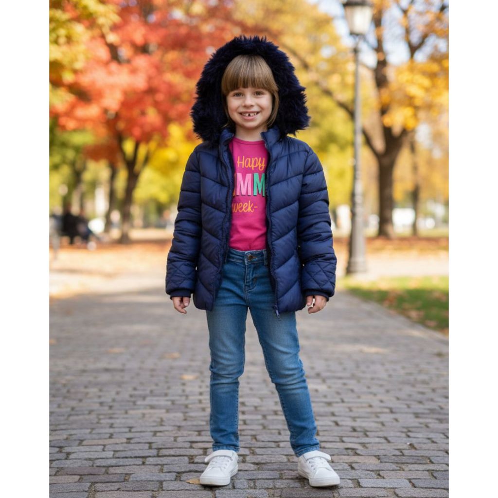 Jaqueta Infantil Puffer Menina Forrada Pelúcia Capuz Bolsos.