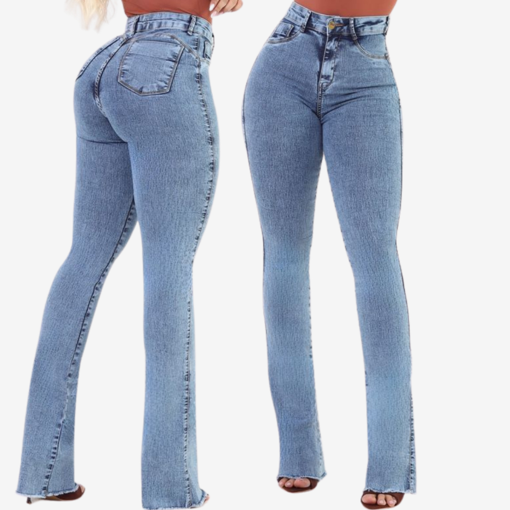 Calça Jeans Feminina Flare Cós e Cintura Alta Levanta Bumbum Com Lycra Elastano Promoção em Oferta na Shopee