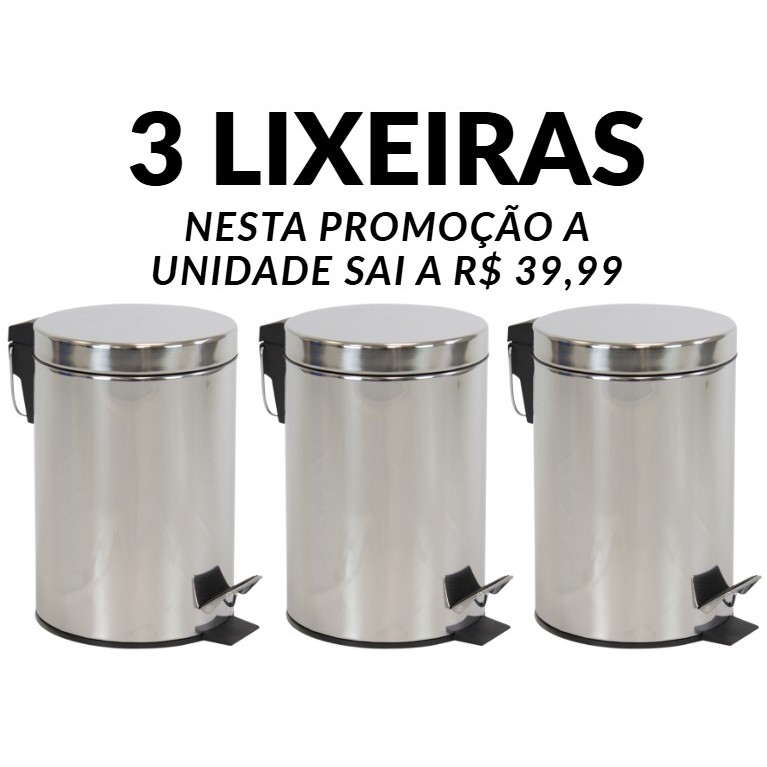 Kit Lixeira Inox 3L Tampa e Pedal Cesto Removível | Cozinha Banheiro Escritório