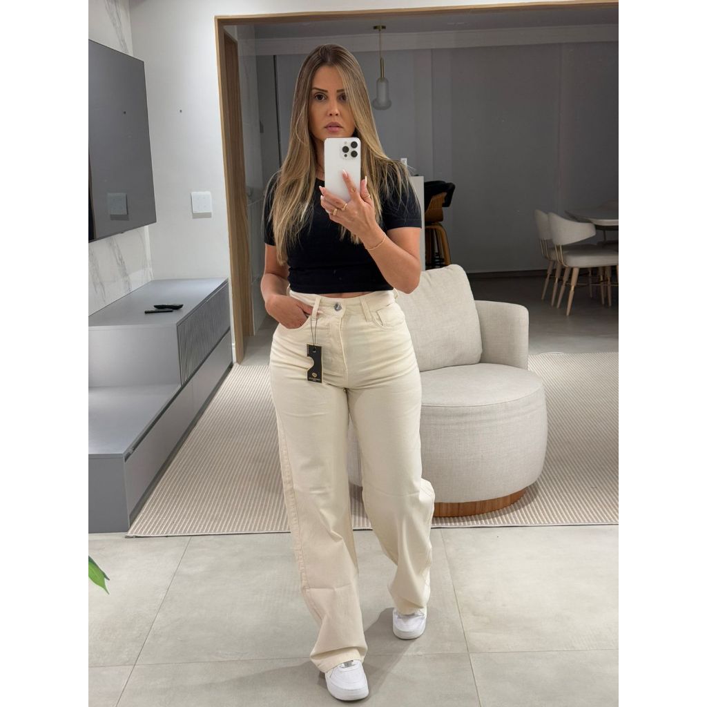 wide leg premium  lavagem bege em Oferta na Shopee