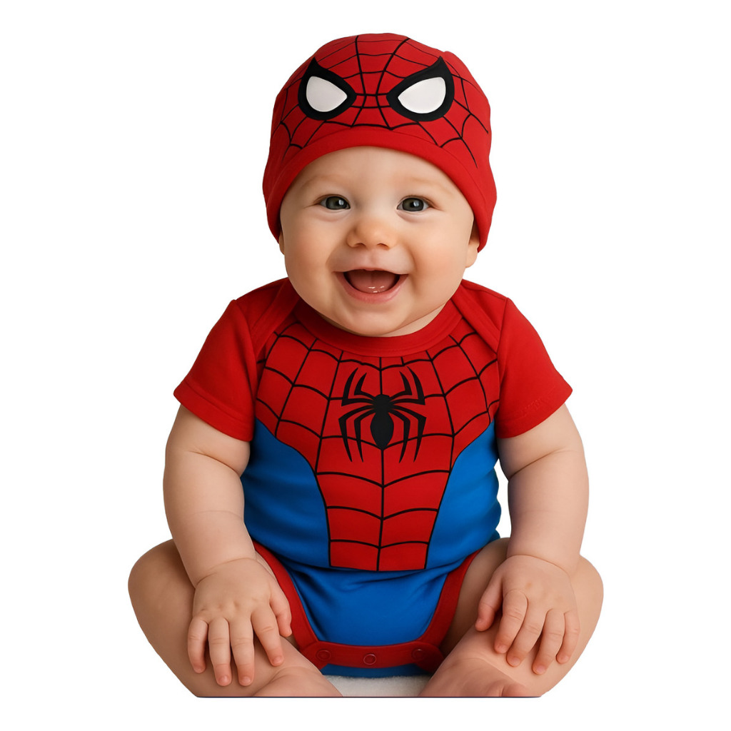 Body Bebe Tematico Homem Aranha + Touca Mêsversario Fantasia Menino