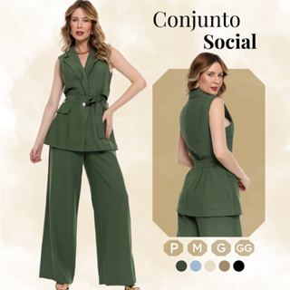 Conjunto Social Feminino Calça Pantalona e Blazer Colete Elegante para Trabalho e Festa em Oferta na Shopee