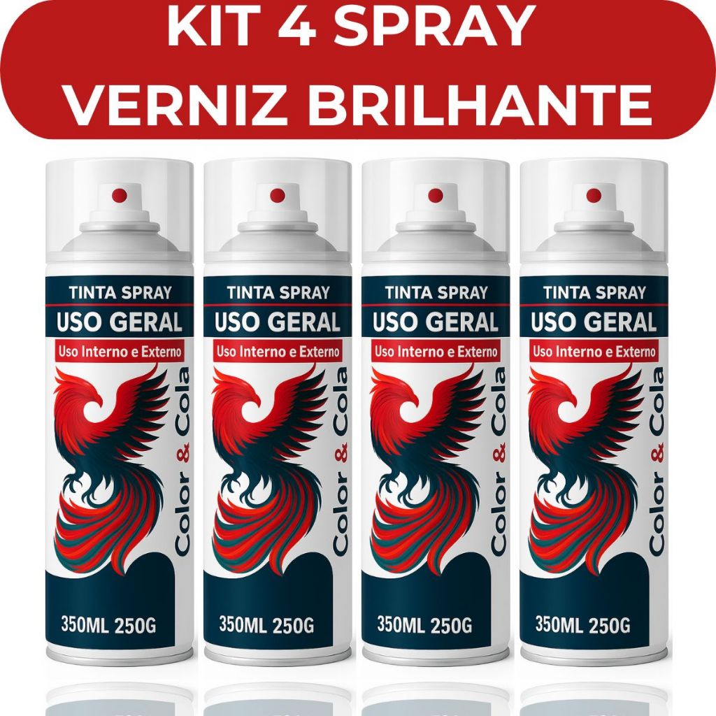 Kit 4 Verniz Spray Incolor Brilhante Uso Geral 350ml Secagem Rapida Metal Madeira Gesso Color e Cola