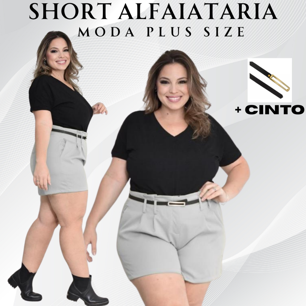 Short Feminino Social Plus size Alfaiataria com Cinto Cintura Alta e Bolso Embutido Fechamento em Ziper versatil em Oferta na Shopee