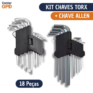 Jogo de Chave Torx + Allen Curta Kit com 18 Peças Torque e T10 até T50