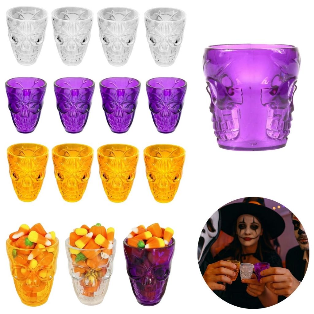 4x Mini Copo Shot Dose Lembrancinha Caveira Bebida Halloween Prenda Doce Festa Dia das Bruxas