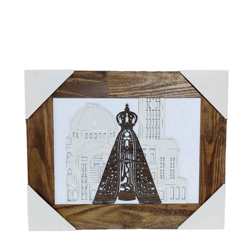 Quadro Católico Decorativo Nossa Senhora Aparecida em MDF 52x42cm – Arte Religiosa Católico com Moldura em Madeira