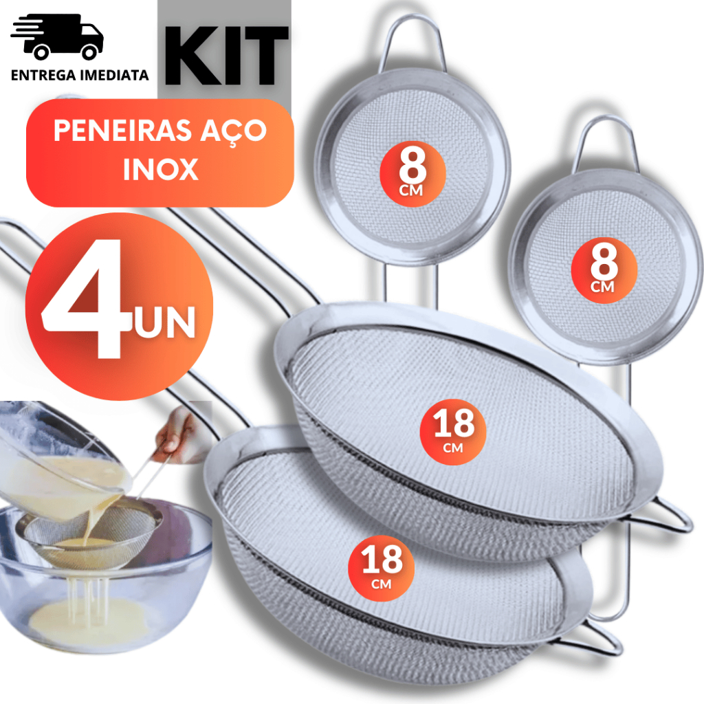 Conjunto 4 Peneiras  2 de Cada 18cm + 08cm Coador Manual Em Aço Inox Para Cozinha Variáveis Utilidades Premium