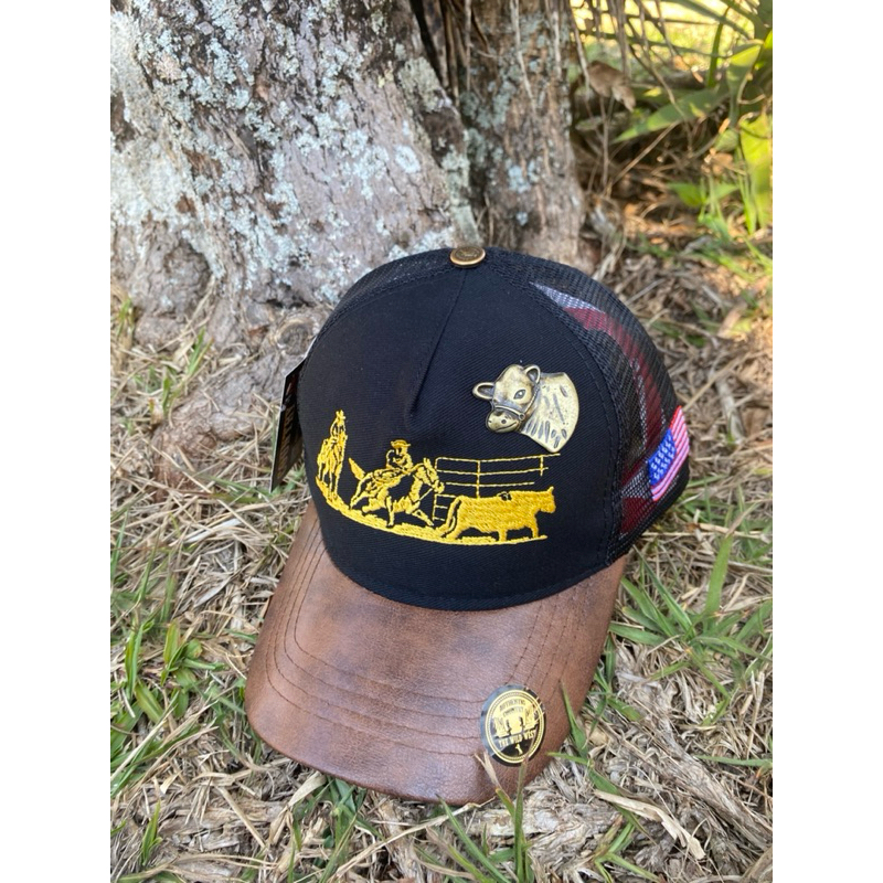 Bone country aba curvada em couro bordado trucker com regulagem agro Texas boné masculino e feminino