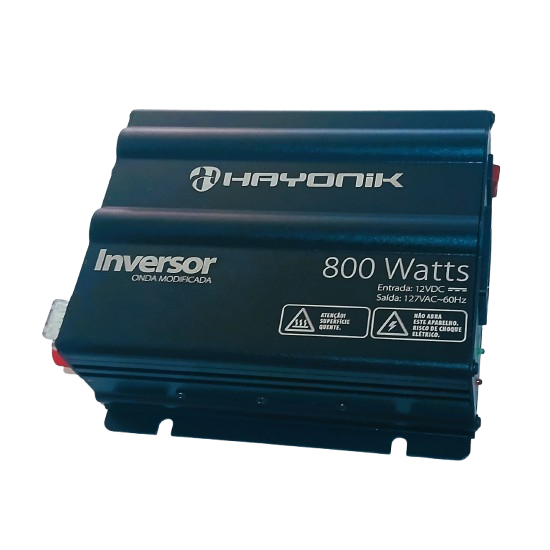 Inversor de Onda Modificada Hayonik 800W – 12V DC para 127V AC + BRINDE Cabo Grampo Jacaré <-> Olhal