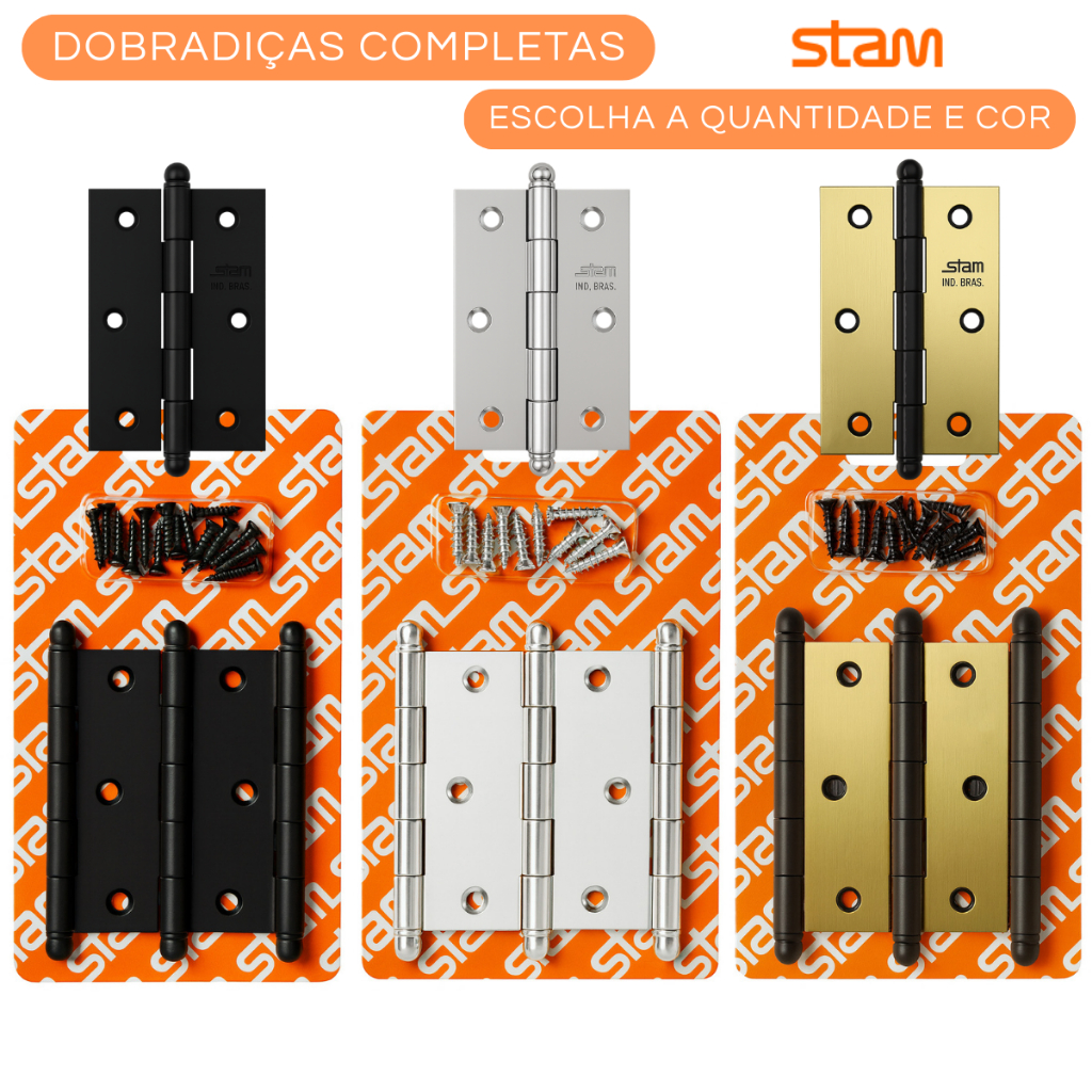 Dobradiças Porta ou Janela Madeira Stam 3.1/2" Preta Cromada Oxidada Bronze Pino Bola com Parafusos