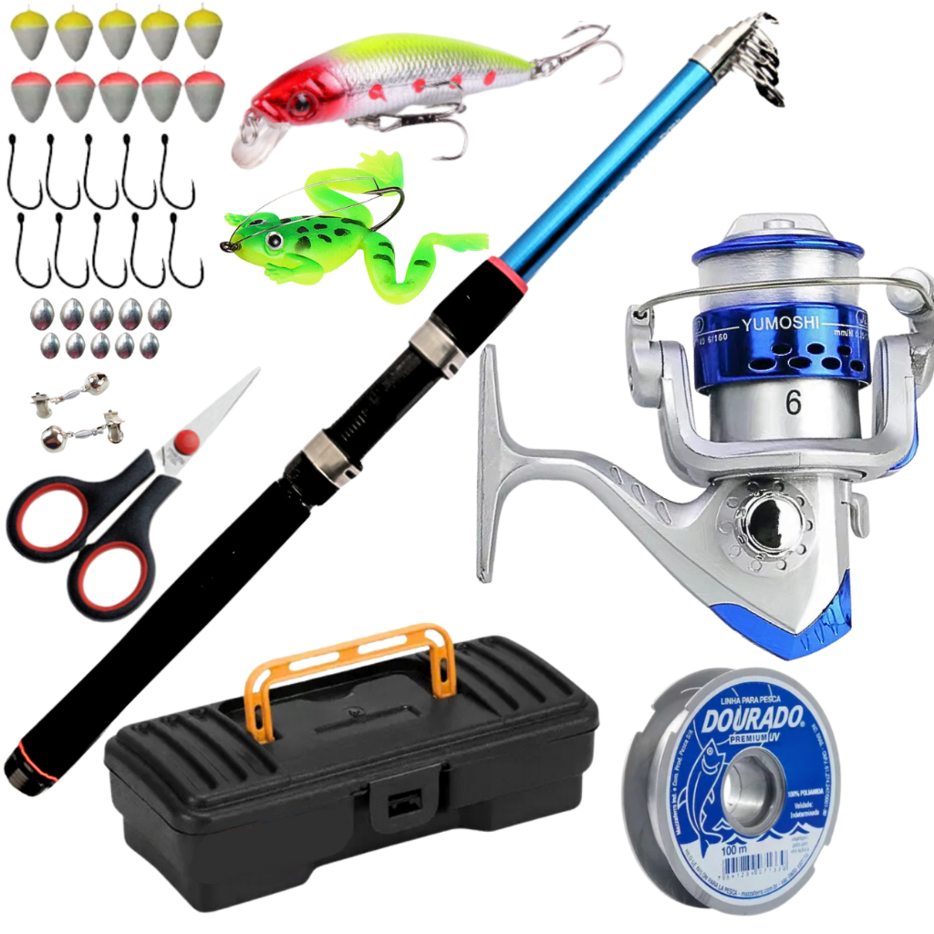 Kit Molinete Vara de Pesca Telescópica 1,80 Metros Anzol Chumbada Linha Monofilamento Caixa de Pesca