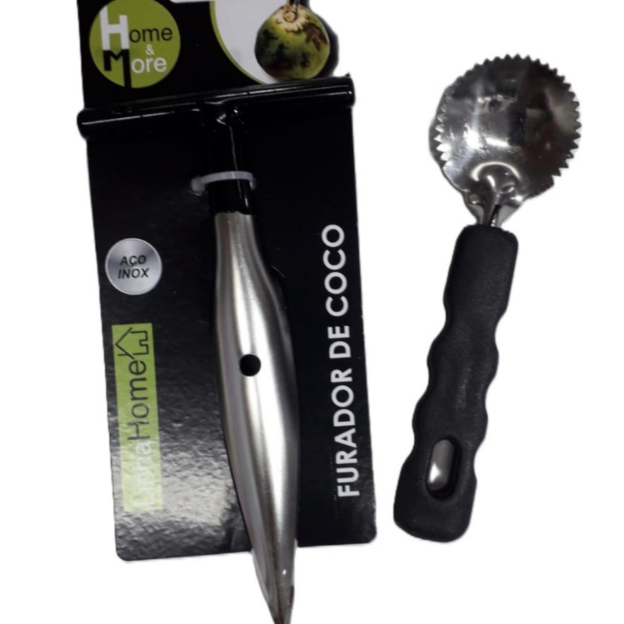 Kit Abridor Furador De Coco Inox E Raspador De Coco