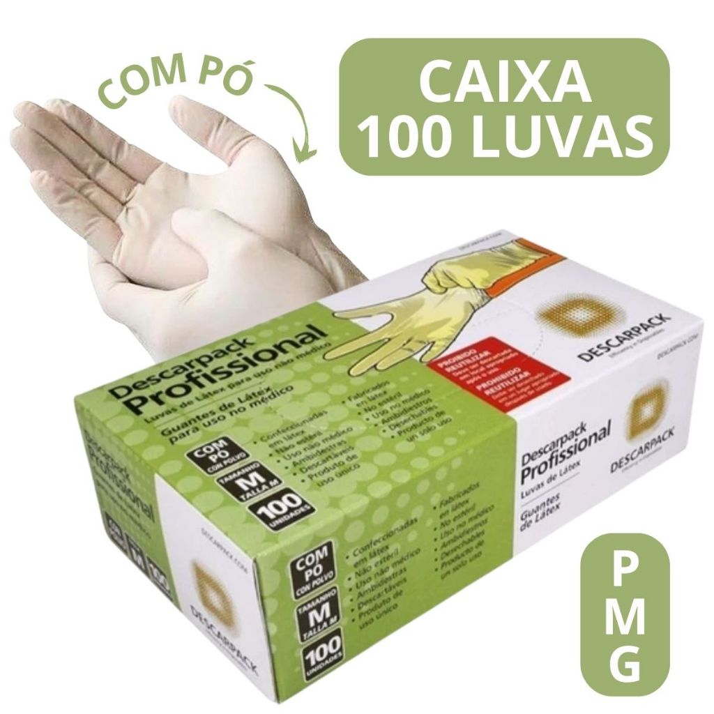 Luva Látex Com Pó Descartável Procedimento Com 100 Unidades P M G