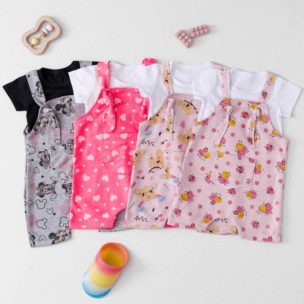 Jardineira + Camiseta Super Qualidade Conjunto Roupa de bebe menina Salopete Macacão