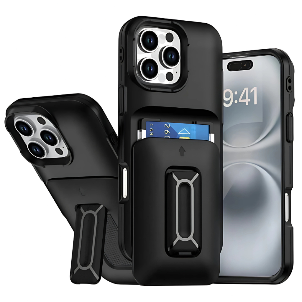 Capa Capinha Preta Com Suporte e Porta Cartão Para Todos Modelos de iPhone