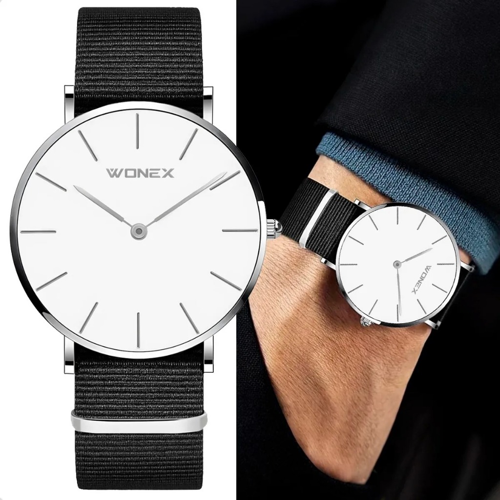 Relógio Masculino Wonex 40mm Slim Minimalista Branco Nylon Preto Bisel Prateado