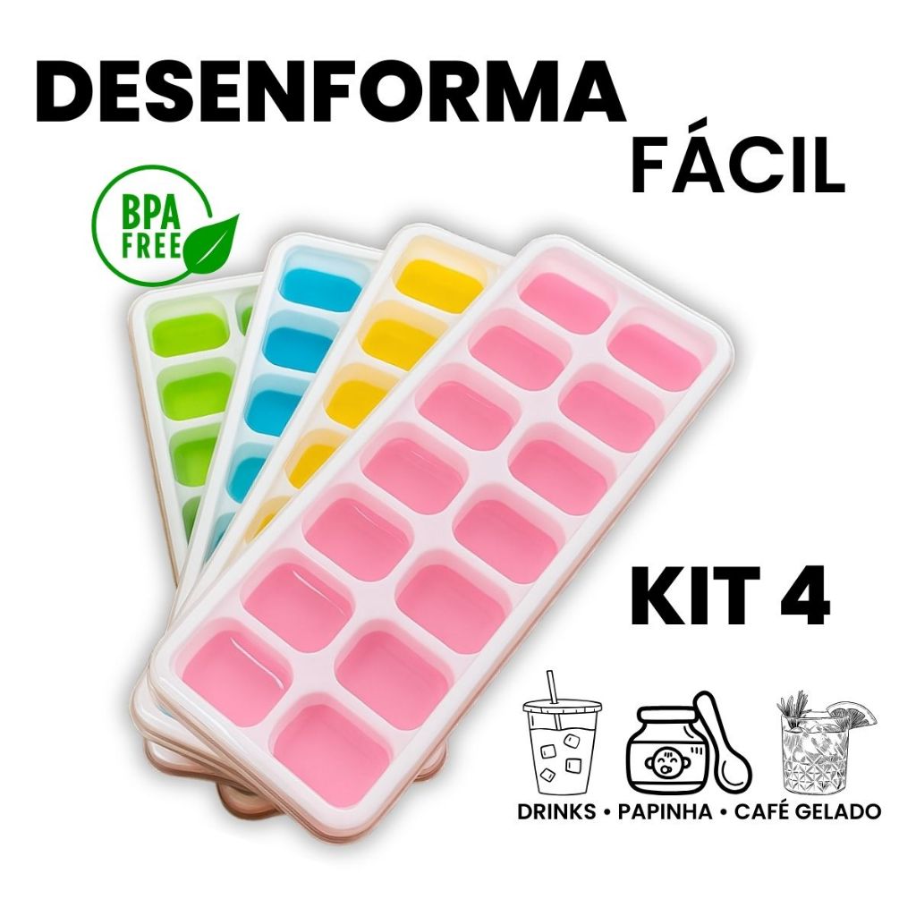 Forma De Gelo Silicone Com Tampa e Fundo Flexível Kit 4 Unidades