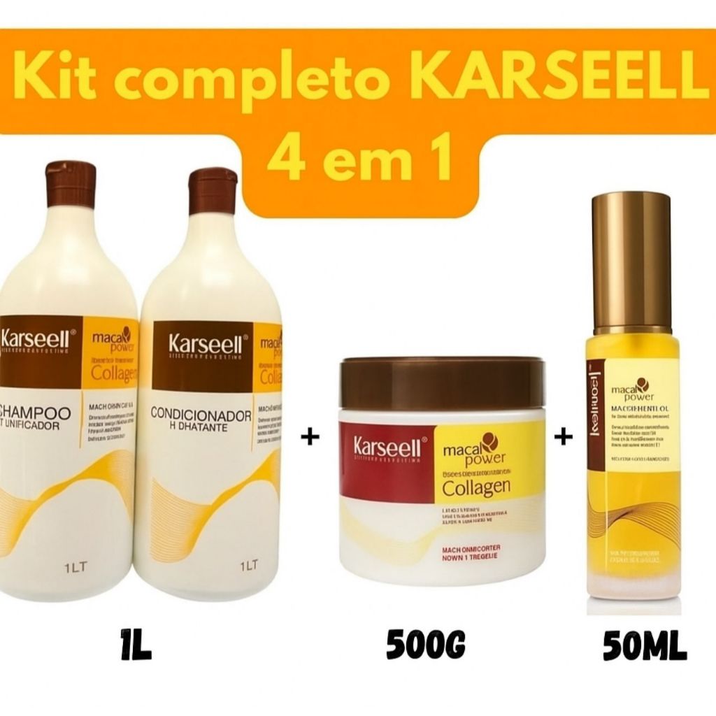 Kit 4 em 1 Karseell Shampoo Condicionador 1L Máscara 500ml Óleo 60ml Tratamento Capilar Completo