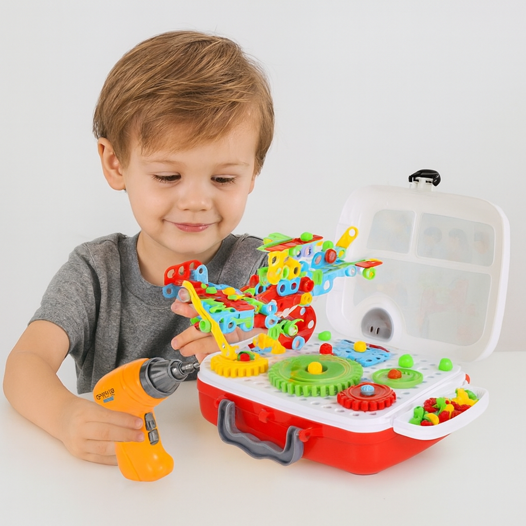 Kit de Ferramenta Infantil de Montar com Maleta e Mini Parafusadeira Elétrica Brinquedo Educativo